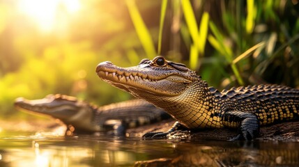 Obraz premium Crocodiles Resting on Riverbank at Golden Hour