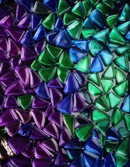 エメラルドグリーンから深い紫、コバルトブルーまでの色彩が広がるカラフルなガラス片のきらめくモザイク。反射と多面体が光の効果を生み出し、優雅さ、神秘、驚きの感覚を呼び起こします。

