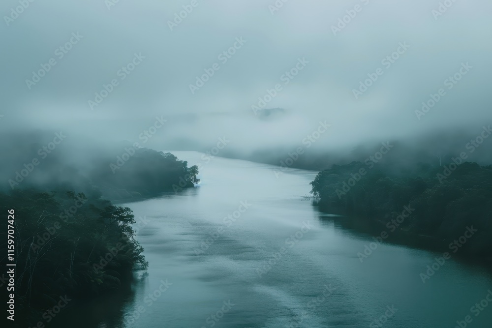 Poster mist envelops a winding river surrounded by lush greenery in a tranquil landscape at dawn