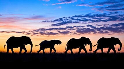 Elephants Walking Silhouetted Against Twilight Sky