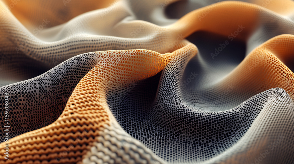 Poster a 3d render of fabric with detailed textures and gradients, coming out of a dtf printer, symbolizing