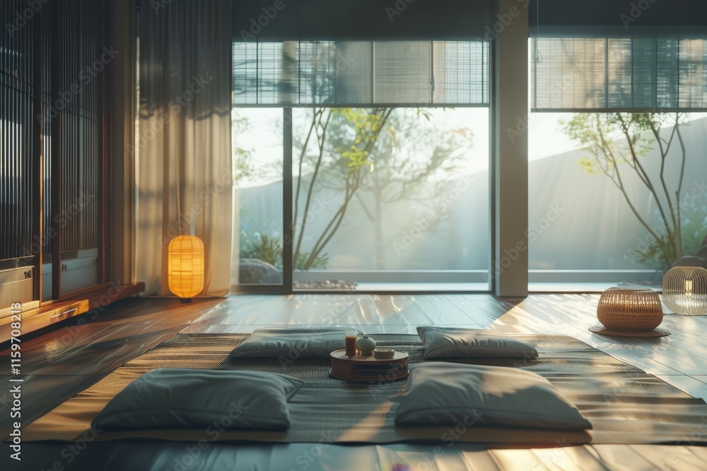Poster relaxing indoor space with a serene view of lush greenery in a tropical setting, ideal for meditatio