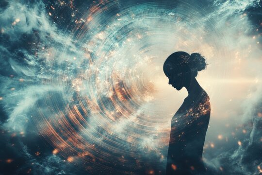 Human silhouette immersed in a whirlwind of lines and spirals represents deep feelings of loneliness and isolation. Generative AI