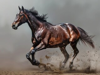 Fototapeta premium Dirt horse galloping on track, dust rising beneath hooves, speed and movement captured mid-run.