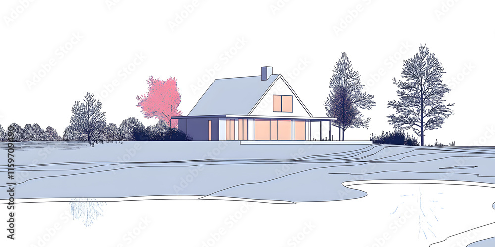 Poster continuous one line drawing residential country house. house against the backdrop of nature. landsca