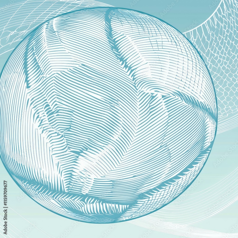 Poster abstract teal globe with textured surface and network lines.