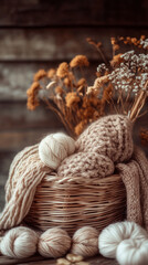 Obraz premium Basket of yarn with a bunch of flowers on top