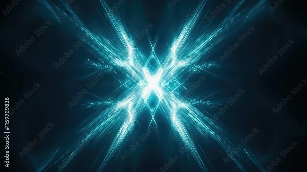 Poster abstract teal light rays forming a symmetrical pattern on a dark background.