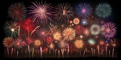 Vibrant New Year's Eve Fireworks Display Lighting Up the Night Sky in Stunning Detail, Isolated on Black Background, Hyper-Realistic and Colorful Celebration of the New Year.