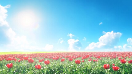 Fototapeta premium Vibrant field of red tulips under a bright blue sky with fluffy clouds, radiating warmth and beauty.