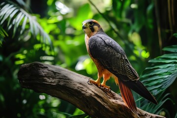 Redfooted falcon on branch in lush tropical setting