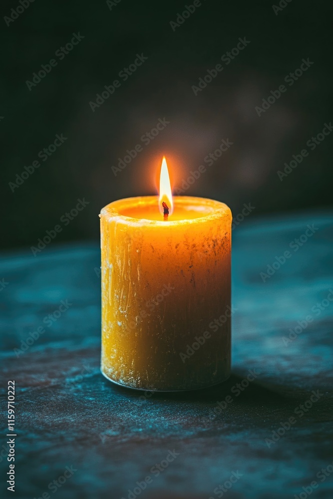 Poster a single lit candle on a black table, creating an atmospheric focus with its soft glow set against a