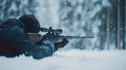 A focused male shooter aiming from a snowy landscape, showcasing winter hunting skills and serenity of nature.