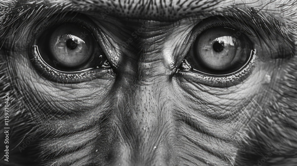 Poster close up of a monkey's face with its eyes open. concept of curiosity and alertness, as the monkey's 