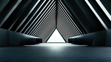 Abstract triangular corridor with bright light at the end.