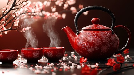 A beautifully crafted red teapot alongside steaming cups, adorned with floral patterns, creating a serene and inviting atmosphere.