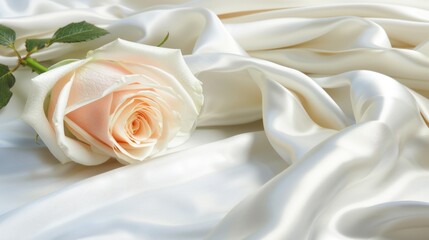 A single pastel pink rose rests elegantly on soft white fabric, highlighting its delicate beauty