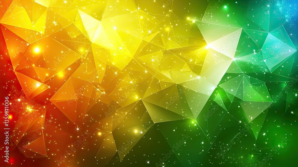 Poster abstract vibrant multicolored geometric polygonal background with glowing lights and particles.