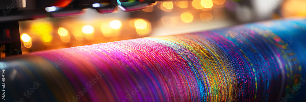 Poster a close-up of a fabric roll being printed with a kaleidoscope of colors, with the printer in the bac