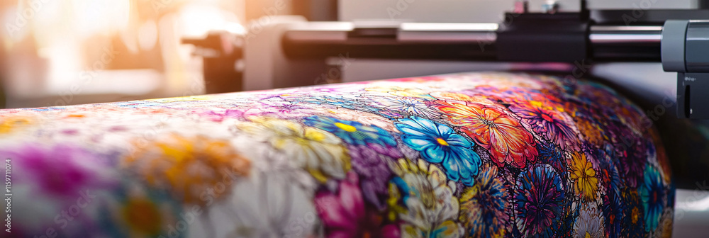 Poster a close-up of a fabric roll being printed with a kaleidoscope of colors, with the printer in the bac