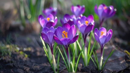 Vivid purple crocus blooms in a garden setting, ready to be planted outdoors. A beautiful spring...