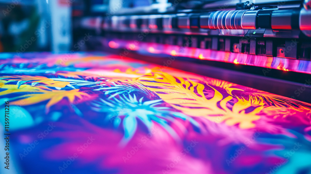 Poster a close-up of a printer ejecting a vibrant fabric with a neon jungle pattern, symbolizing the explos