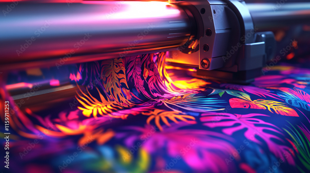 Poster a close-up of a printer ejecting a vibrant fabric with a neon jungle pattern, symbolizing the explos