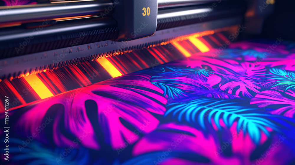 Poster a close-up of a printer ejecting a vibrant fabric with a neon jungle pattern, symbolizing the explos