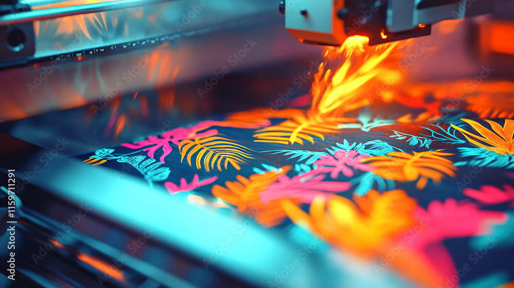 Poster a close-up of a printer ejecting a vibrant fabric with a neon jungle pattern, symbolizing the explos
