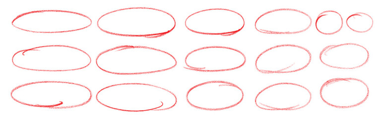 Red pen drawn marks, red circle set, highlight circle. Charcoal pen round ovals. Set of doodle ellipses. Scribble ovals, marker round elements isolated on a white background.