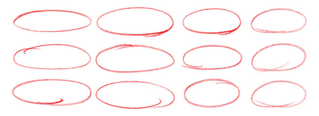 Red pen drawn marks, red circle set, highlight circle. Charcoal pen round ovals. Set of doodle ellipses. Scribble ovals, marker round elements isolated on a white background.