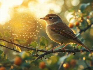 Obraz premium Bird perched on a branch with digital holographic bird-watching information floating above, soft warm light, sleek modern nature observation vibe