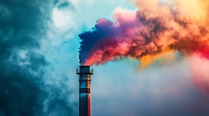 A close-up of a smokestack with vibrant, swirling smoke, where shades of gray intertwine with brighter colors, symbolizing the possibility of change and environmental restoration. 