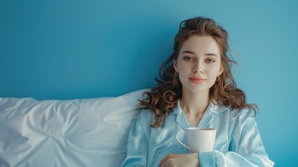 Image of a young woman in blue pajamas sitting on a bed with a white pillow and holding a coffee cup. She has long dark hair and is looking directly at the camera with a slight smile.
