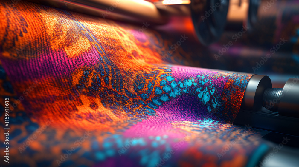 Poster a close-up of a textured fabric featuring a vibrant, large-scale print being fed into a dtf machine,