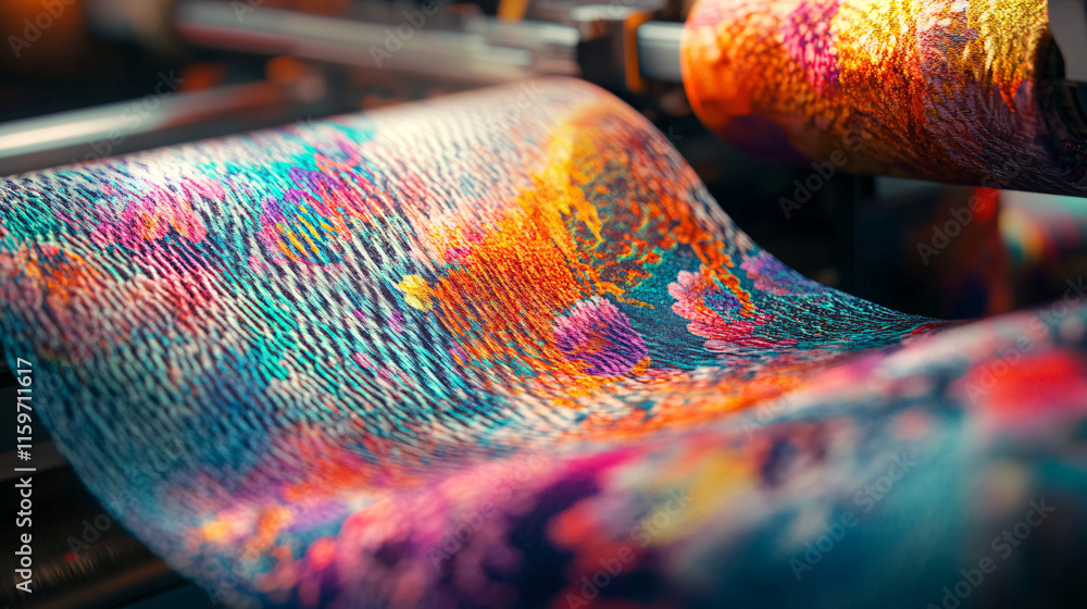 Poster a close-up of a textured fabric featuring a vibrant, large-scale print being fed into a dtf machine,