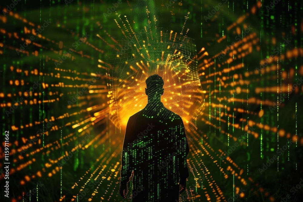 Poster Silhouette of a woman with glasses in front of glowing digital data at night exploring technology and programming concepts