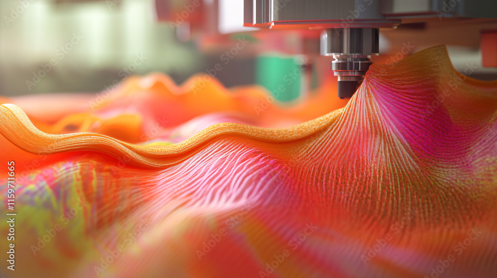 Poster a close-up of a textured fabric featuring a vibrant, large-scale print being fed into a dtf machine,