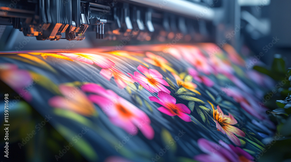 Poster a close-up of a textured fabric featuring a vibrant, large-scale print being fed into a dtf machine,