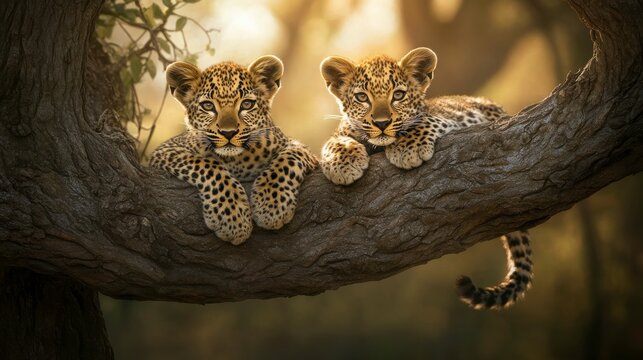 Leopard Cubs Relaxing on Tree Branches in Soft Light