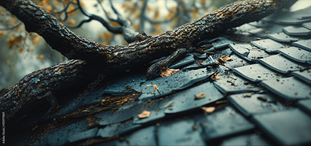 Poster a close-up of shattered roof tiles with a large fallen tree branch resting on top, symbolizing the v