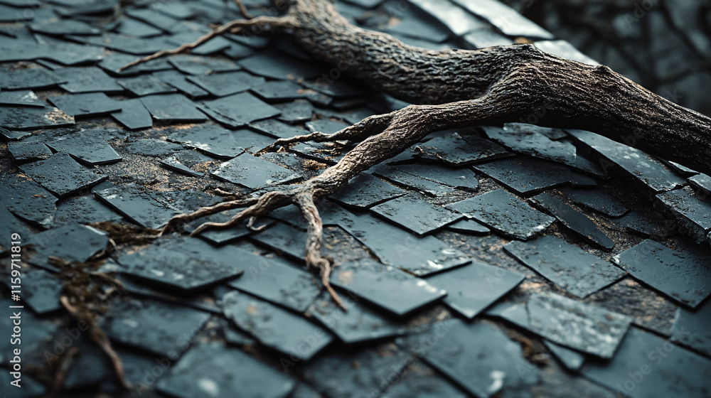Poster a close-up of shattered roof tiles with a large fallen tree branch resting on top, symbolizing the v