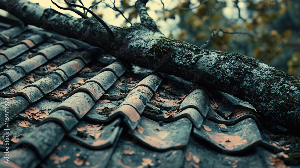 Poster a close-up of shattered roof tiles with a large fallen tree branch resting on top, symbolizing the v