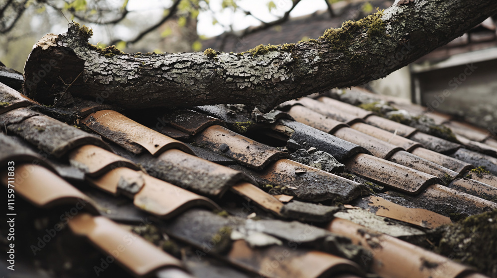 Poster a close-up of shattered roof tiles with a large fallen tree branch resting on top, symbolizing the v