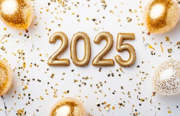 Golden 2025 New Year Celebration with Balloons, Confetti, and Festive Atmosphere. Shiny Gold Numbers Symbolizing New Year's Eve, Party and Festivities for 2025.