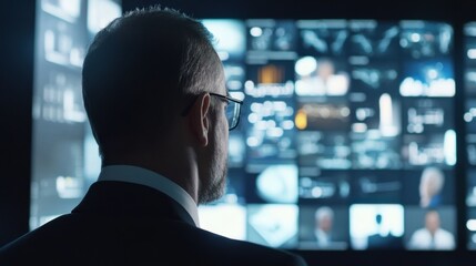 Corporate professionals in a modern digital workspace. Featuring smart screens and advanced tech