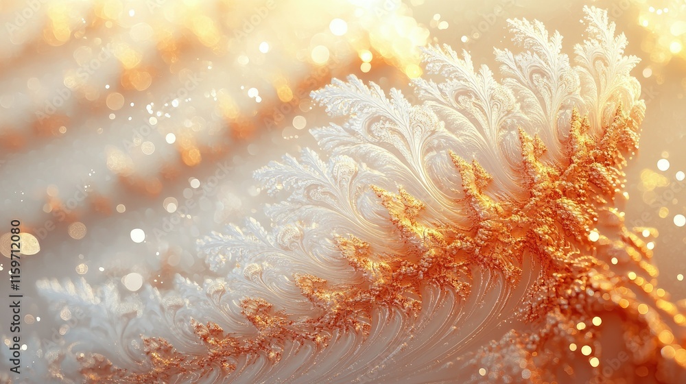 Poster abstract winter design with gold and white frost patterns, bokeh lights.