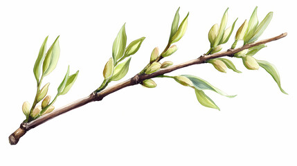 Watercolor illustration of a willow twig with leaves isolated hand drawn design ideal for cards logos decorations invitations and cosmetic applications. Willow. Illustration