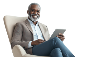 Successful professional smiling while sitting comfortably with a tablet, wearing formal attire, and exuding confidence in a sleek, modern atmosphere