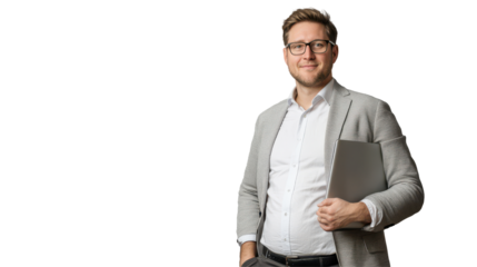 Professional man with glasses stands confidently holding a laptop, showcasing modern technology in a clear setting